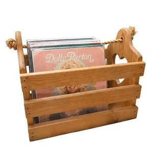 Vtg Wood Record Vinyl magazine rack heart holder basket slats cottage grandma